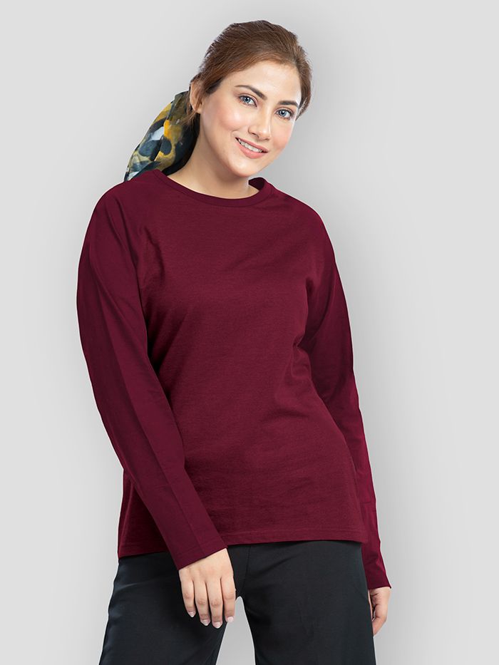 Buy Plain Burgundy Women Full Sleeves T shirt Online BeYOUng
